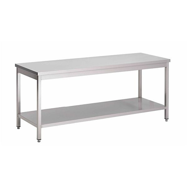 Nerezový pracovný stôl Gastro-Inox AISI 430 so základnou policou, 800x700x850mm, vystužený 18mm hrubou lakovanou drevotrieskou, 301.102