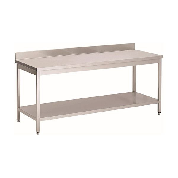 Nerezový pracovný stôl Gastro-Inox AISI 430 so základnou policou a podstavcom, 800x700x850mm, vystužený 18mm hrubou lakovanou drevotrieskou, 301.117